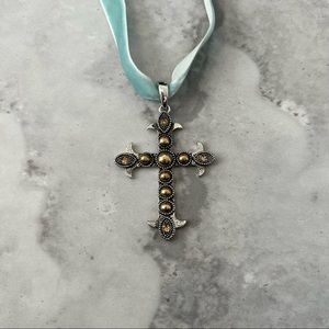 Necklace with a Cross Silvertone with Gold Accents, Mint Velour‎ Ribbon